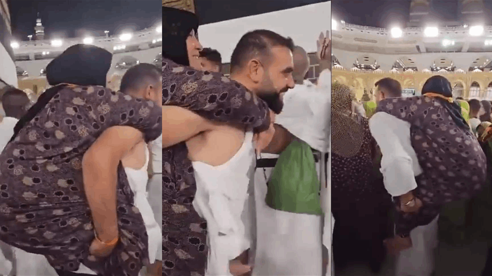 بالفيديو ـ حاج سوري يحمل أمه على ظهره ويطوف بها حول الكعبة ! 