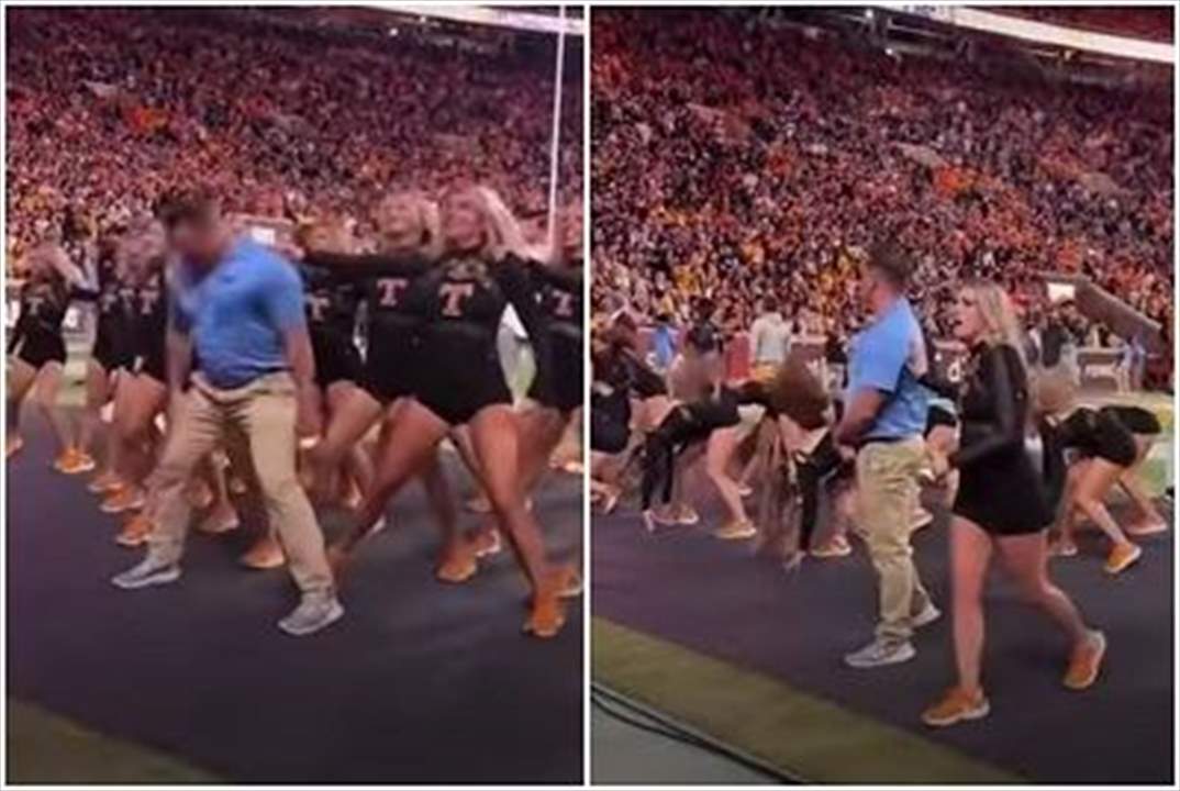 بالفيديو - رجل امن يقتحم رقصة "شيرليدرز" ويتصرّف على طريقته