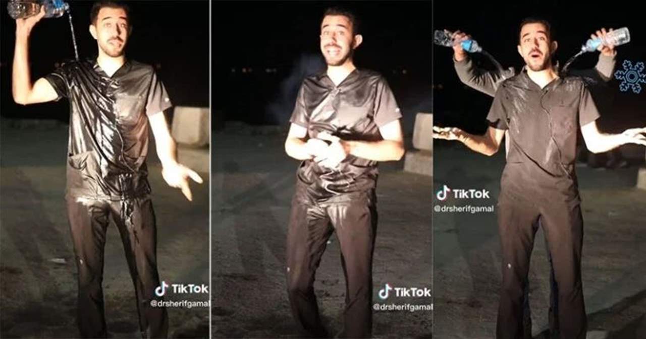 بالفيديو ـ طبيب مصري يستحم وسط الشارع لإثبات نظريته !