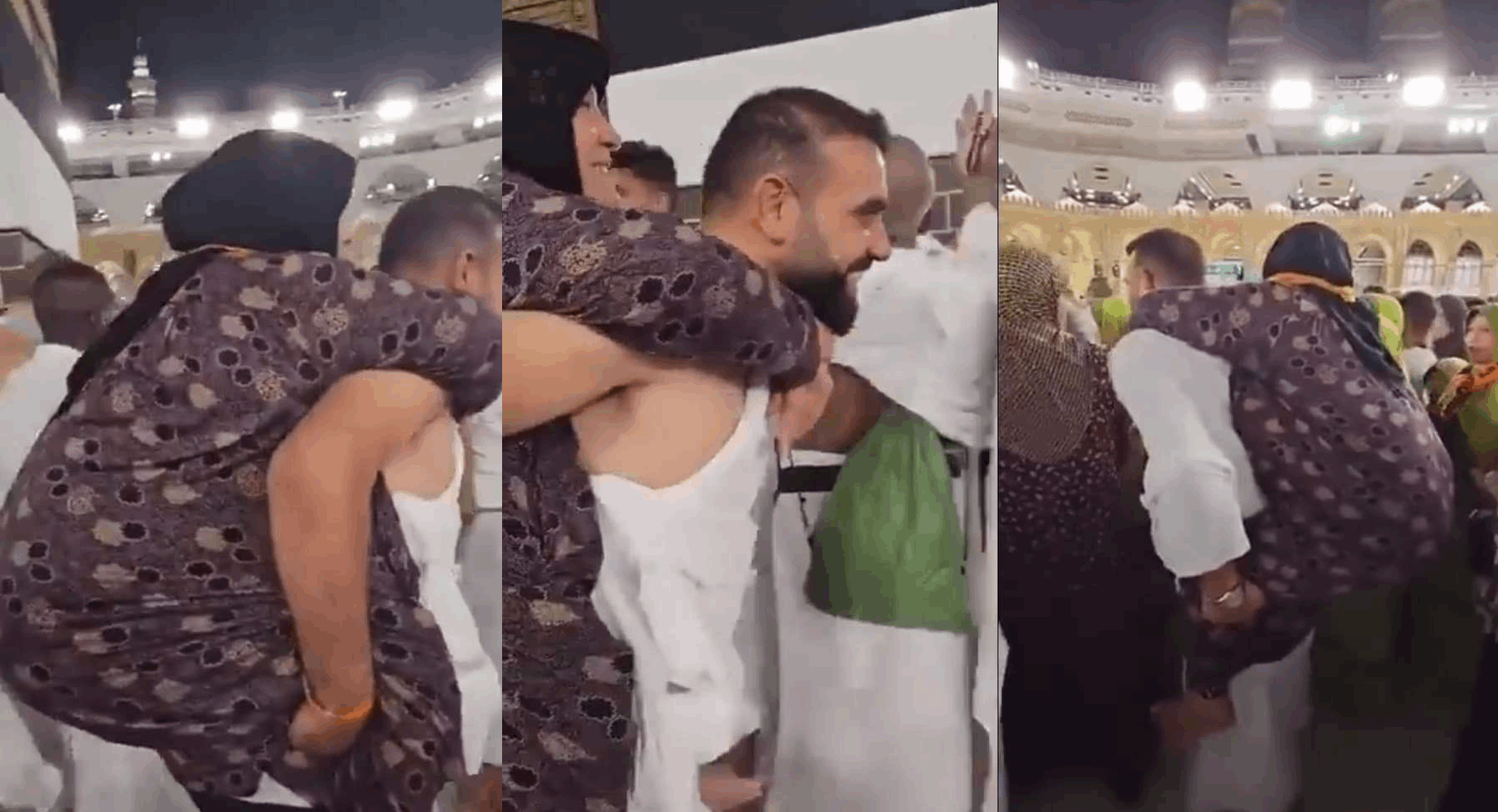 بالفيديو ـ حاج سوري يحمل أمه على ظهره ويطوف بها حول الكعبة ! 
