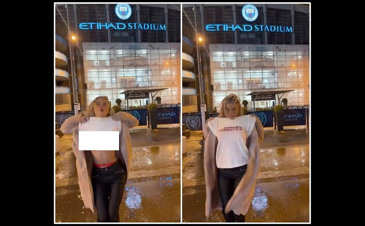 أرادت إثارة مشجعي السيتي فكشفت عن صدرها .. مانشستر حمراء !!