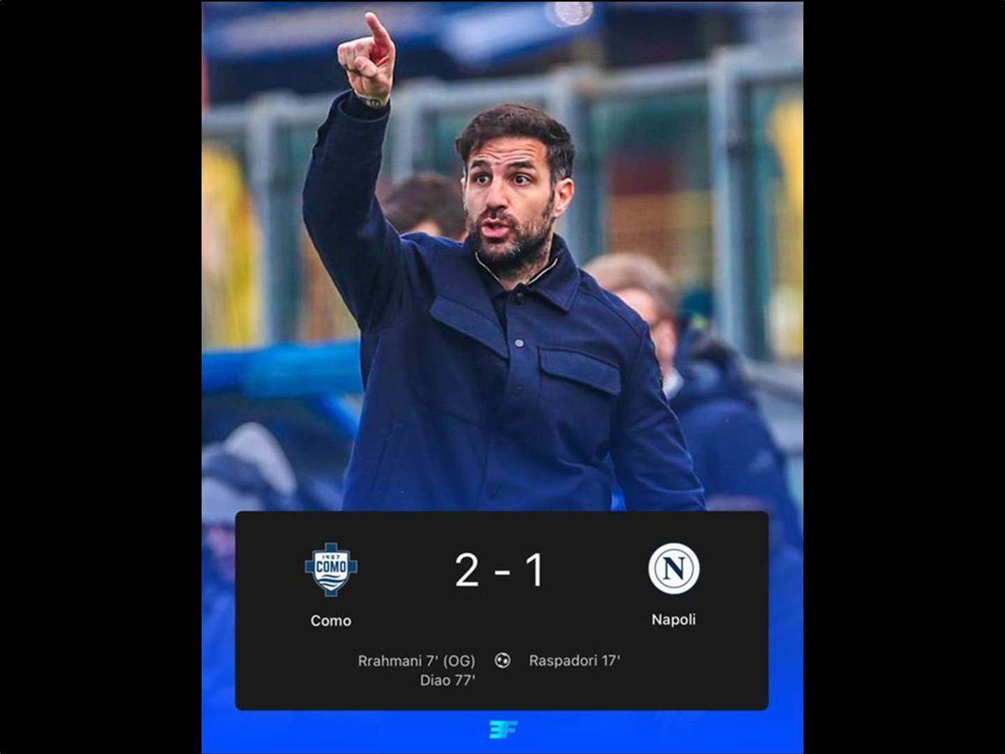 فيديو - فابريغاس يحتفل بجنون بفوز كومو على نابولي