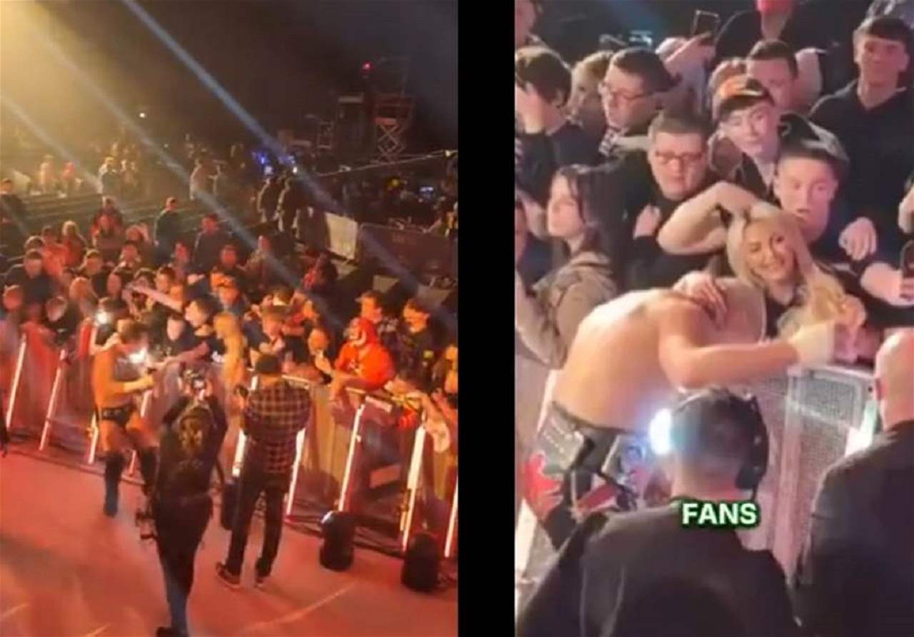 فيديو - عارضة أزياء حاولت لمس المصارعين بطريقة غريبة
