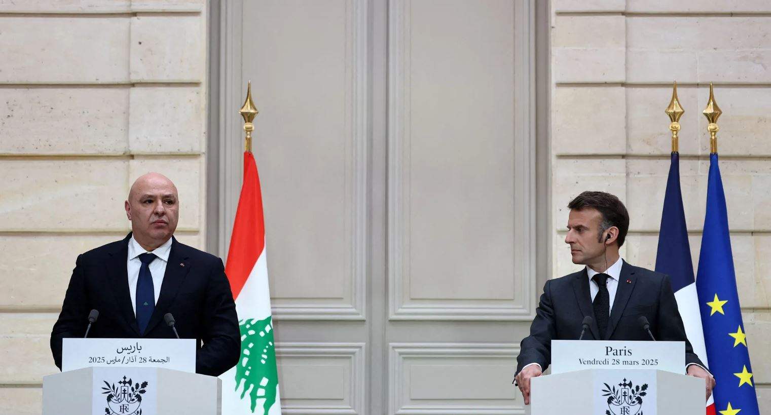 &quot;الضربات الإسرائيلية على لبنان غير مقبولة&quot;.. مؤتمر صحافي مشترك بين الرئيسين عون وماكرون