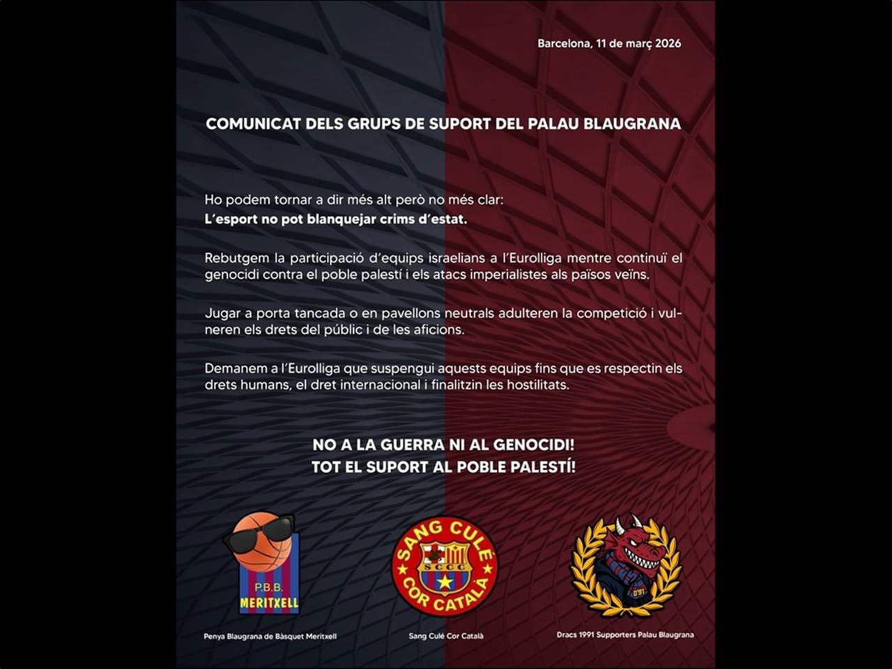 جماهير برشلونة تهاجم الفرق الصهيونية والإبادة الجماعية