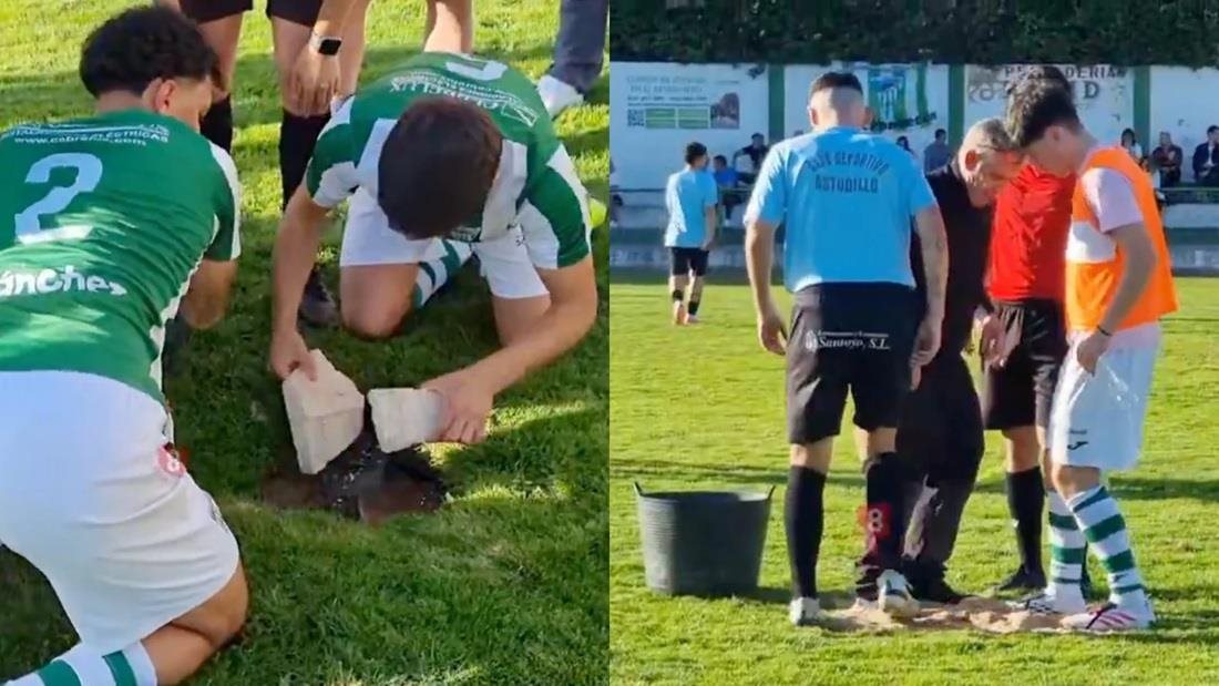 فيديو - حفرة تبتلع أرضية ملعب وتوقف مباراة في إسبانيا