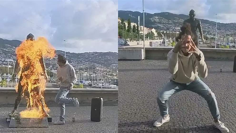 فيديو - احراق تمثال رونالدو في مسقط رأسه .. تحذيز من الله !!