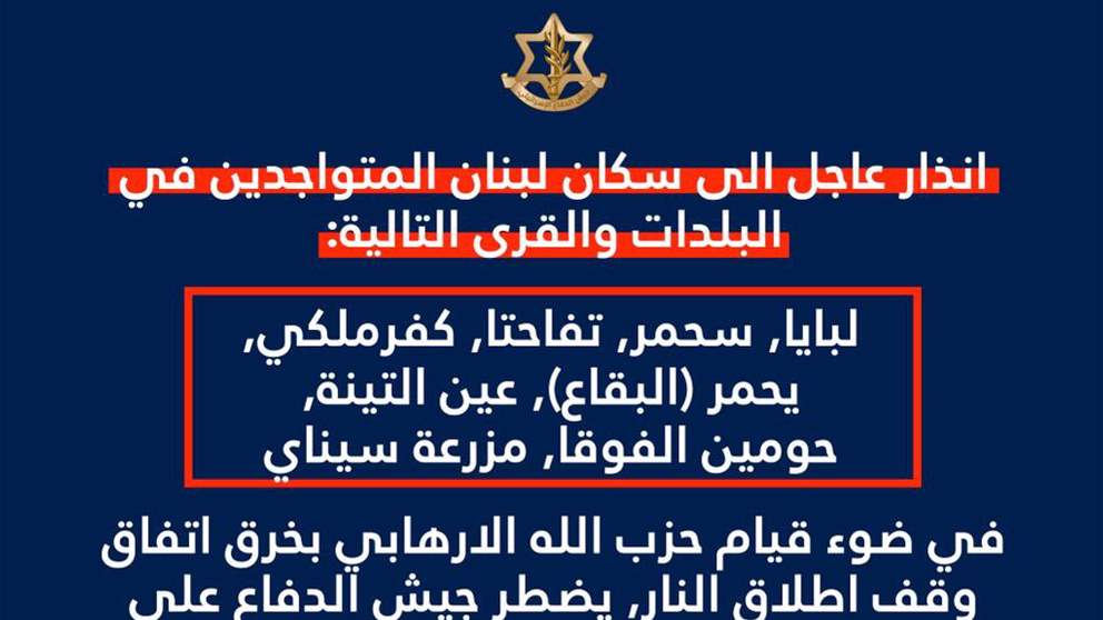 لـ 8 بلدات جنوبية وبقاعية.. إنذار صباحي بالإخلاء! (صورة)  ​